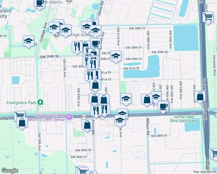 map of restaurants, bars, coffee shops, grocery stores, and more near 4249 Southwest 62nd Avenue in Davie