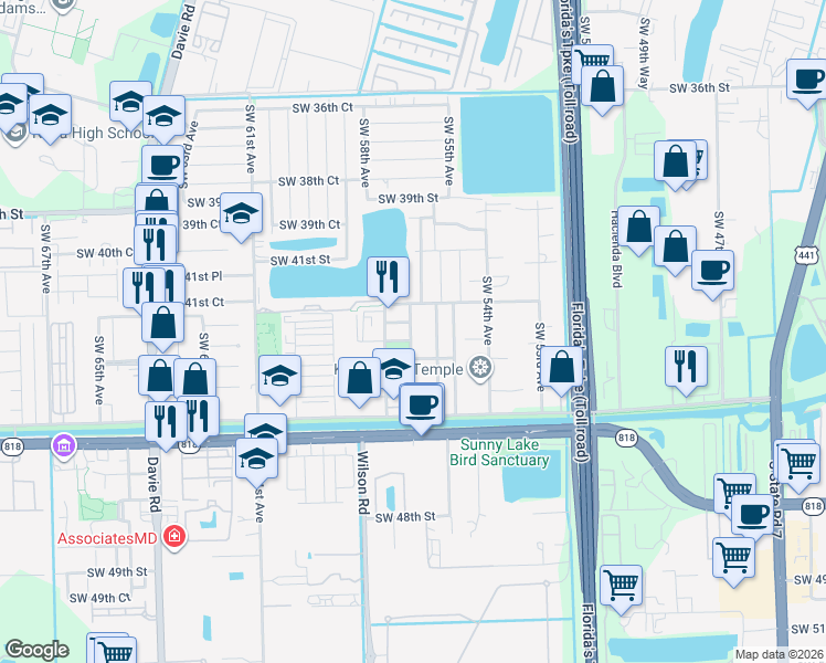 map of restaurants, bars, coffee shops, grocery stores, and more near 4291 Southwest 56th Avenue in Davie
