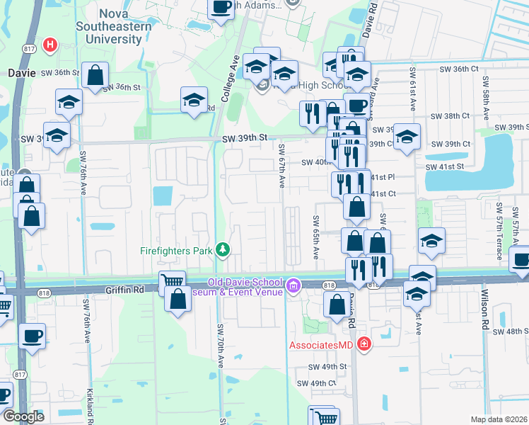 map of restaurants, bars, coffee shops, grocery stores, and more near 6821 Southwest 43rd Street in Davie