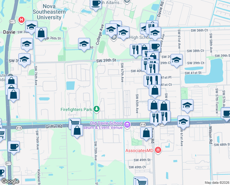 map of restaurants, bars, coffee shops, grocery stores, and more near 6821 Southwest 43rd Street in Davie