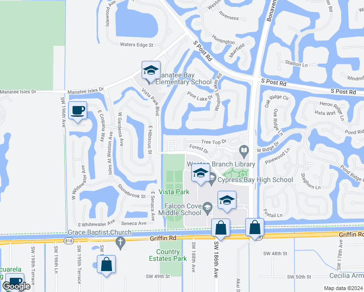 map of restaurants, bars, coffee shops, grocery stores, and more near 3967 Orange Tree Lane in Weston