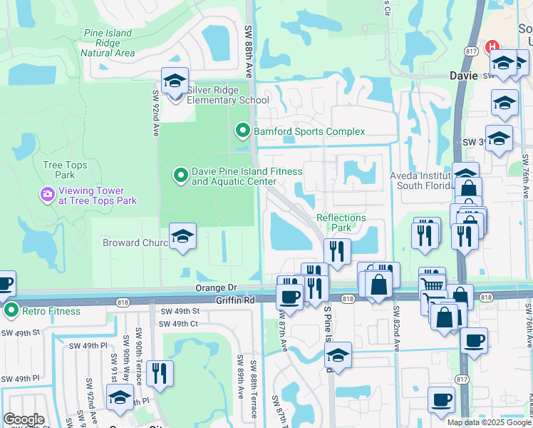 map of restaurants, bars, coffee shops, grocery stores, and more near 4206 Southwest 87th Terrace in Cooper City