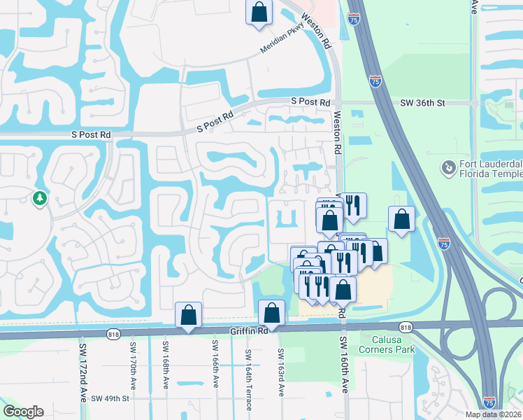 map of restaurants, bars, coffee shops, grocery stores, and more near 16111 Emerald Estates Drive in Weston