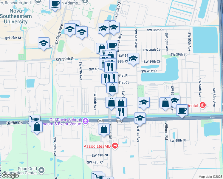 map of restaurants, bars, coffee shops, grocery stores, and more near 4252 Davie Road in Davie