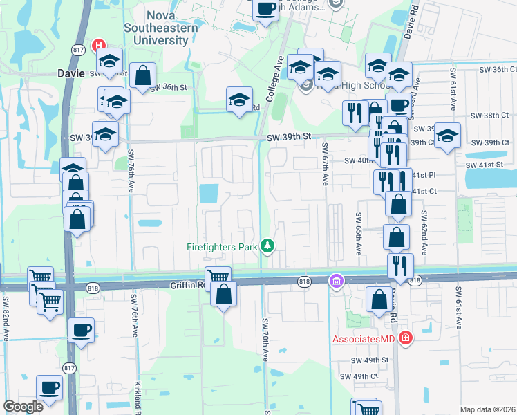 map of restaurants, bars, coffee shops, grocery stores, and more near 4229 Southwest 70th Terrace in Davie