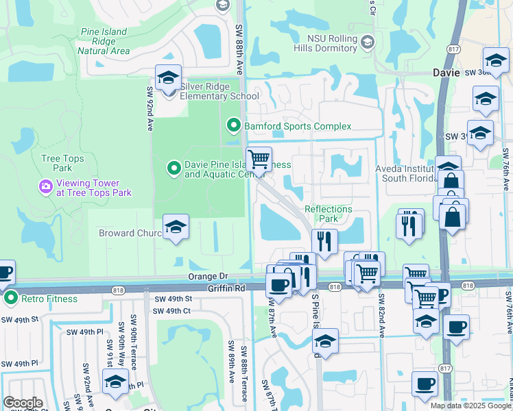 map of restaurants, bars, coffee shops, grocery stores, and more near 4206 Southwest 87th Terrace in Cooper City