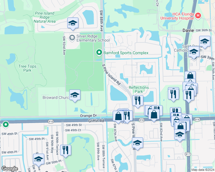 map of restaurants, bars, coffee shops, grocery stores, and more near 4206 Southwest 87th Terrace in Cooper City