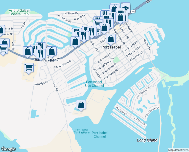 map of restaurants, bars, coffee shops, grocery stores, and more near 706 South Shore Drive in Port Isabel