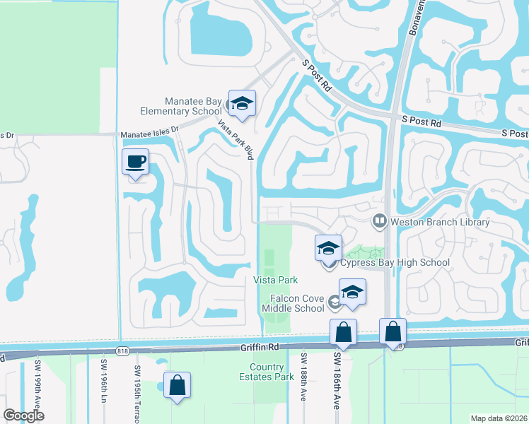 map of restaurants, bars, coffee shops, grocery stores, and more near 3921 Vista Grove Lane in Weston