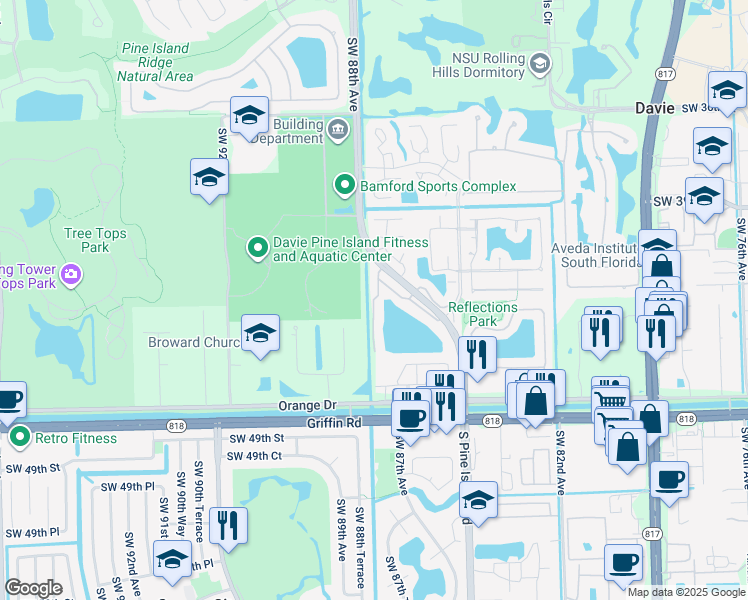 map of restaurants, bars, coffee shops, grocery stores, and more near 4206 Southwest 87th Terrace in Cooper City