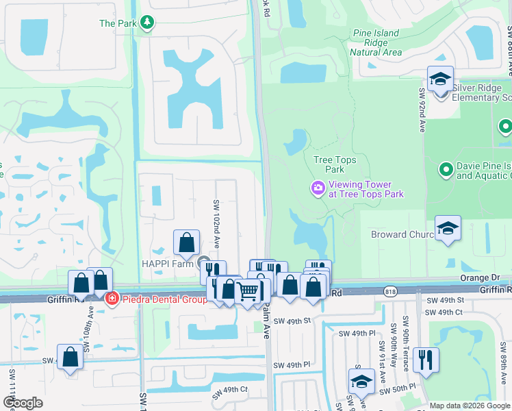 map of restaurants, bars, coffee shops, grocery stores, and more near 4211 Southwest 100th Terrace in Davie