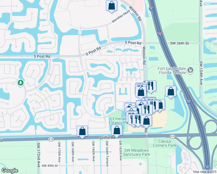 map of restaurants, bars, coffee shops, grocery stores, and more near 16416 Sapphire Street in Weston