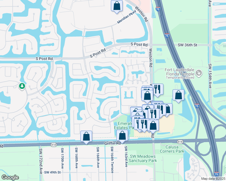 map of restaurants, bars, coffee shops, grocery stores, and more near 16416 Sapphire Street in Weston
