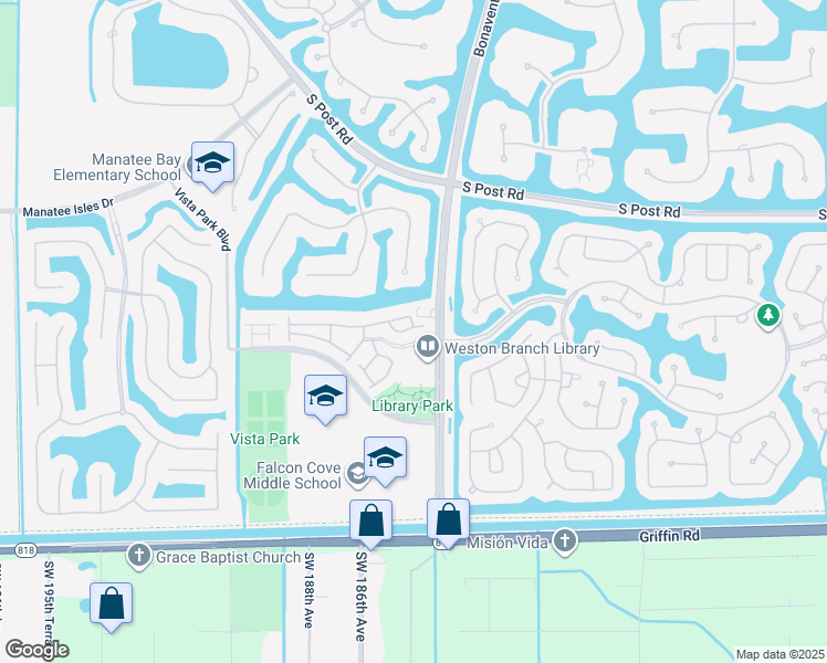 map of restaurants, bars, coffee shops, grocery stores, and more near 4205 Bonaventure Boulevard in Weston