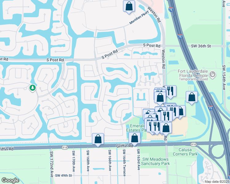 map of restaurants, bars, coffee shops, grocery stores, and more near 16516 Sapphire Street in Weston