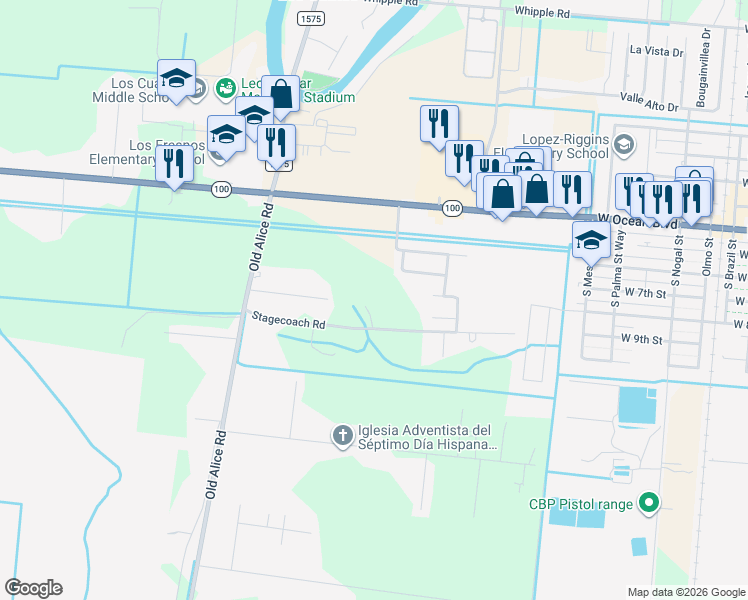map of restaurants, bars, coffee shops, grocery stores, and more near 32913 Stagecoach Road in Los Fresnos