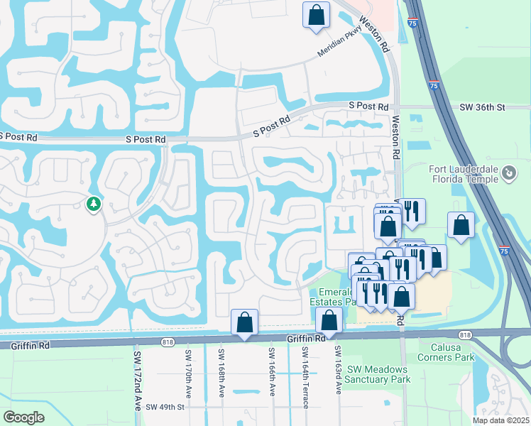 map of restaurants, bars, coffee shops, grocery stores, and more near 16516 Sapphire Street in Weston