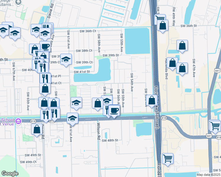 map of restaurants, bars, coffee shops, grocery stores, and more near 4220 Southwest 57th Terrace in Davie