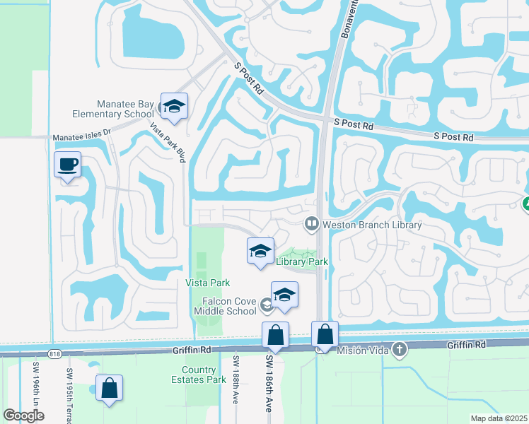 map of restaurants, bars, coffee shops, grocery stores, and more near 4101 Forest Drive in Weston