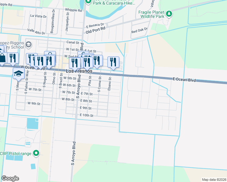 map of restaurants, bars, coffee shops, grocery stores, and more near 406 E 7th St in Los Fresnos