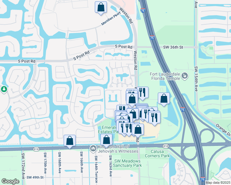 map of restaurants, bars, coffee shops, grocery stores, and more near 16132 Emerald Estates Drive in Weston