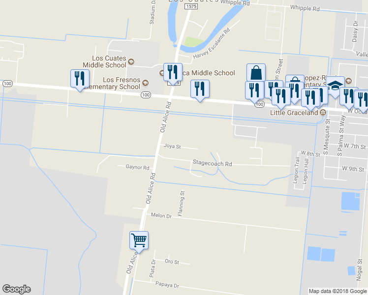 map of restaurants, bars, coffee shops, grocery stores, and more near 32722 Joya Street in Los Fresnos