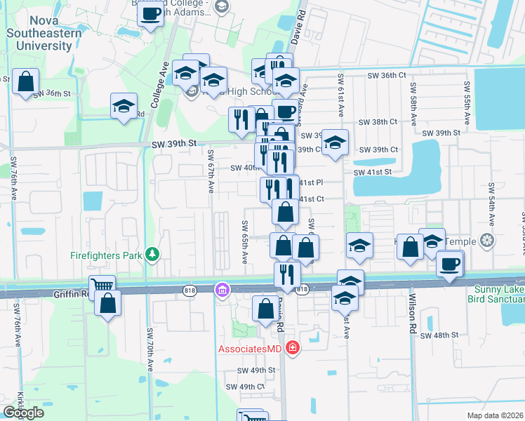 map of restaurants, bars, coffee shops, grocery stores, and more near 4164 Southwest 65th Avenue in Davie