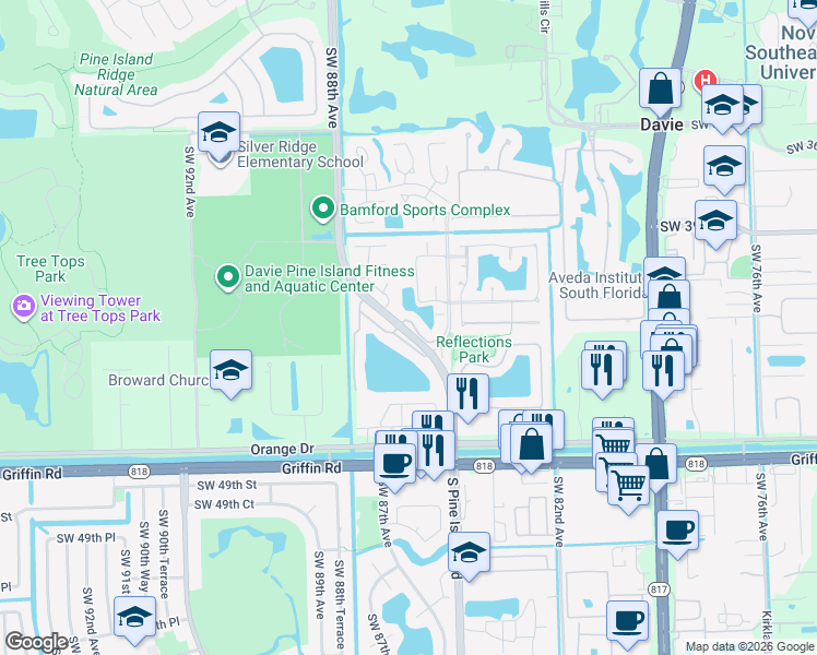 map of restaurants, bars, coffee shops, grocery stores, and more near 4172 South Pine Island Road in Davie