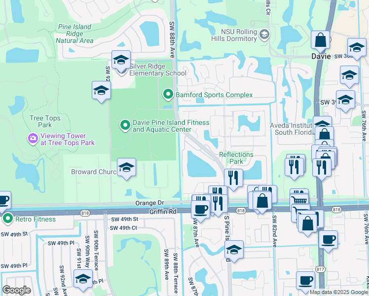 map of restaurants, bars, coffee shops, grocery stores, and more near 4151 South Pine Island Road in Davie