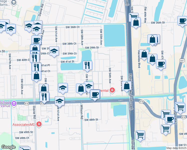 map of restaurants, bars, coffee shops, grocery stores, and more near 4190 Southwest 56th Terrace in Davie