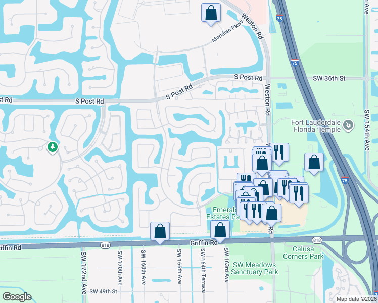 map of restaurants, bars, coffee shops, grocery stores, and more near 4117 Sapphire Bend in Weston