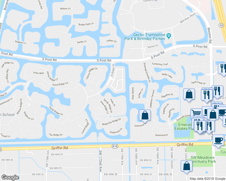 map of restaurants, bars, coffee shops, grocery stores, and more near 3828 San Simeon Circle in Weston