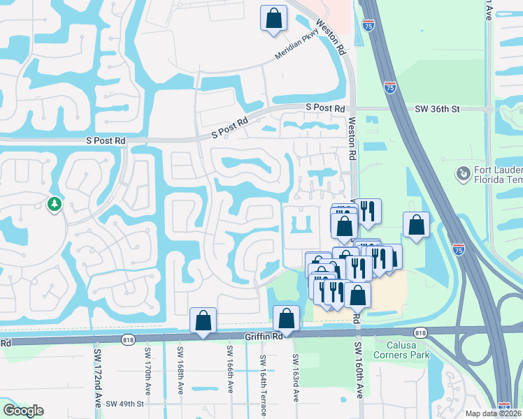 map of restaurants, bars, coffee shops, grocery stores, and more near 16415 Sapphire Bend in Weston