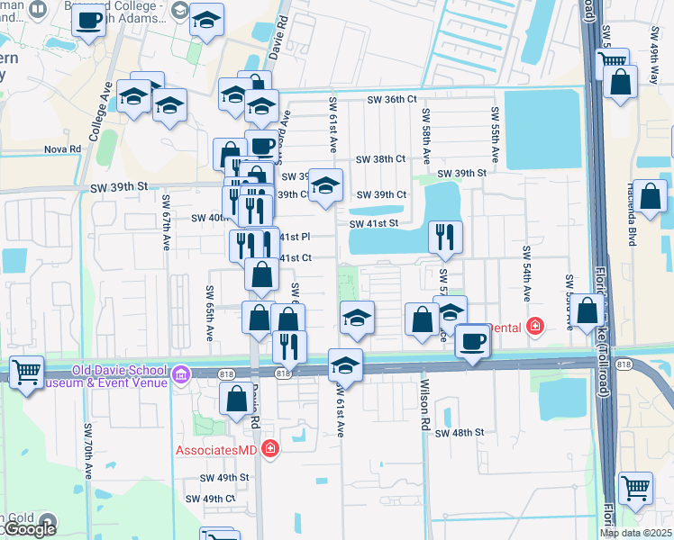 map of restaurants, bars, coffee shops, grocery stores, and more near 4152 Southwest 61st Avenue in Davie