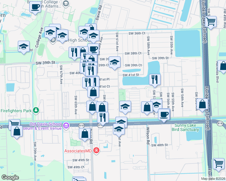 map of restaurants, bars, coffee shops, grocery stores, and more near 6131 Southwest 41st Court in Davie