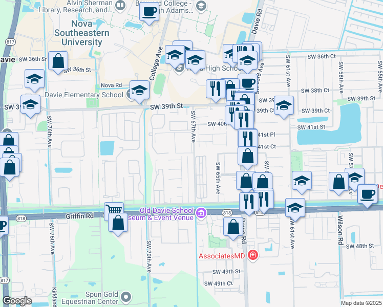 map of restaurants, bars, coffee shops, grocery stores, and more near 4199 Southwest 67th Avenue in Davie