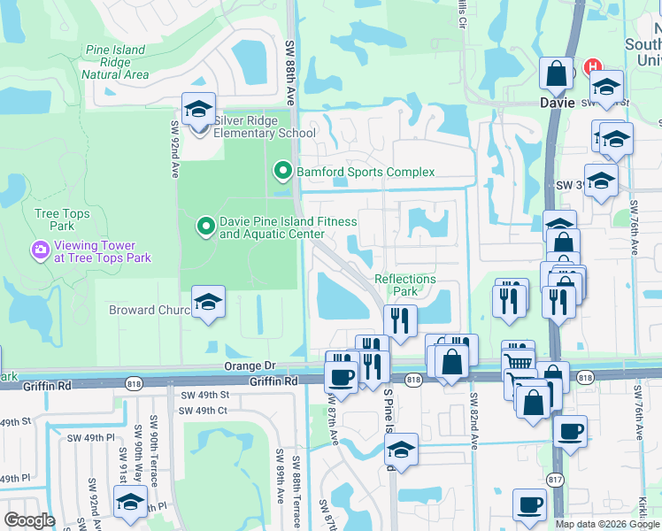 map of restaurants, bars, coffee shops, grocery stores, and more near 4151 South Pine Island Road in Davie