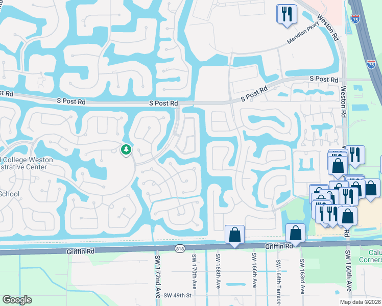 map of restaurants, bars, coffee shops, grocery stores, and more near 3945 San Simeon Lane in Weston