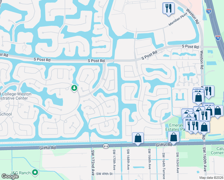 map of restaurants, bars, coffee shops, grocery stores, and more near 3945 San Simeon Lane in Weston