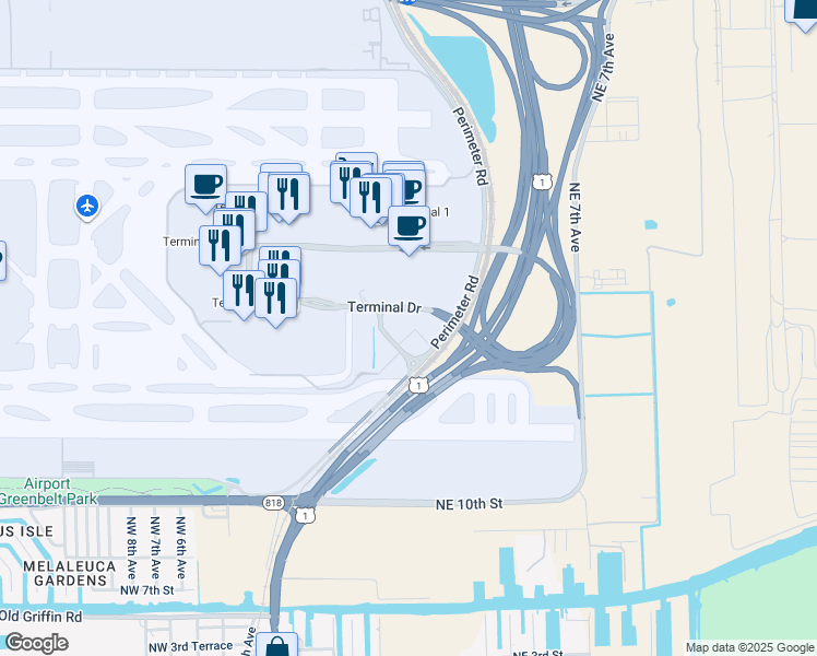 map of restaurants, bars, coffee shops, grocery stores, and more near 100 Terminal Drive in Fort Lauderdale