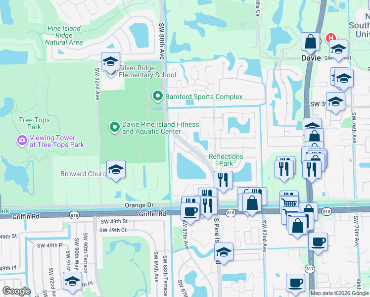 map of restaurants, bars, coffee shops, grocery stores, and more near 4151 South Pine Island Road in Davie