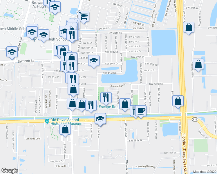 map of restaurants, bars, coffee shops, grocery stores, and more near in Davie
