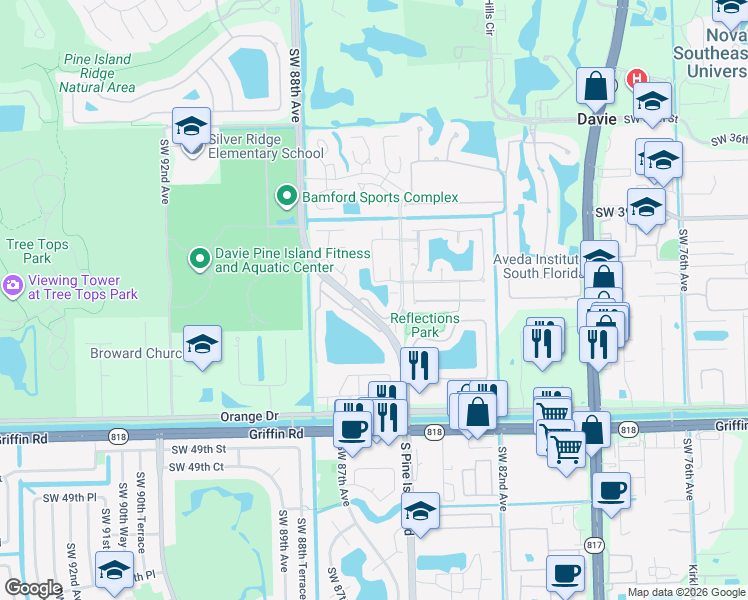 map of restaurants, bars, coffee shops, grocery stores, and more near 4172 South Pine Island Road in Davie