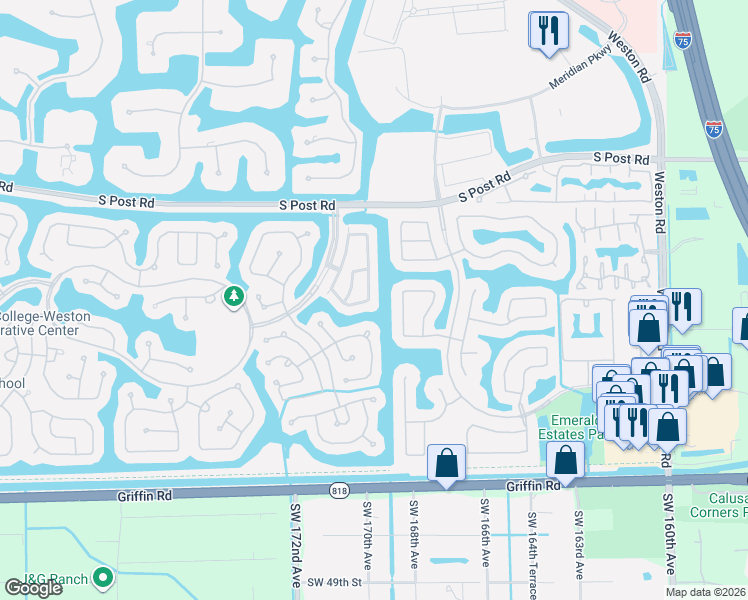 map of restaurants, bars, coffee shops, grocery stores, and more near 3760 San Simeon Circle in Weston