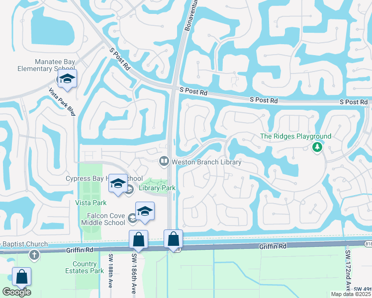 map of restaurants, bars, coffee shops, grocery stores, and more near 3731 Oak Ridge Circle in Weston