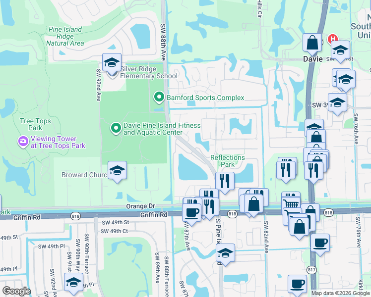 map of restaurants, bars, coffee shops, grocery stores, and more near 4165 South Pine Island Road in Davie