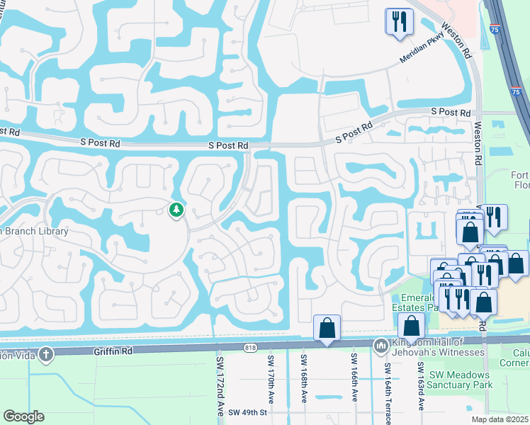 map of restaurants, bars, coffee shops, grocery stores, and more near 3945 San Simeon Lane in Weston