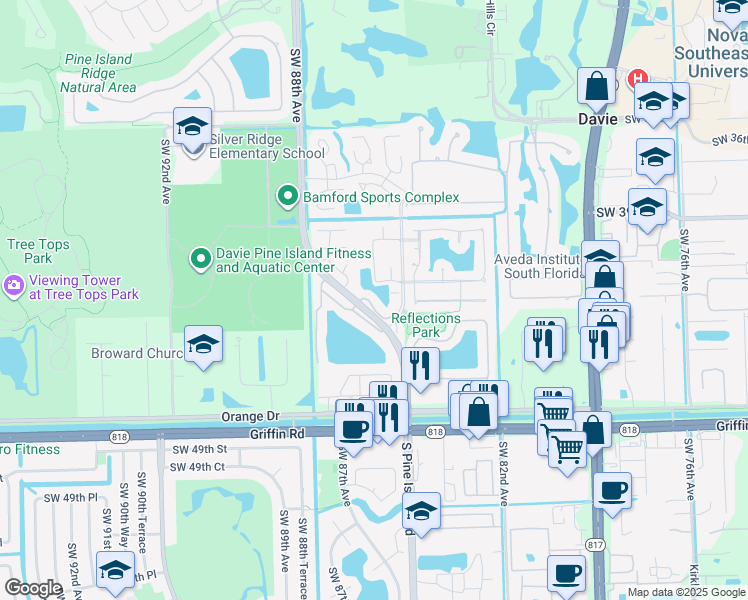 map of restaurants, bars, coffee shops, grocery stores, and more near 4172 South Pine Island Road in Davie