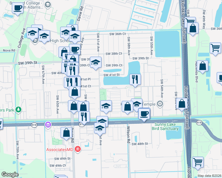 map of restaurants, bars, coffee shops, grocery stores, and more near in Davie