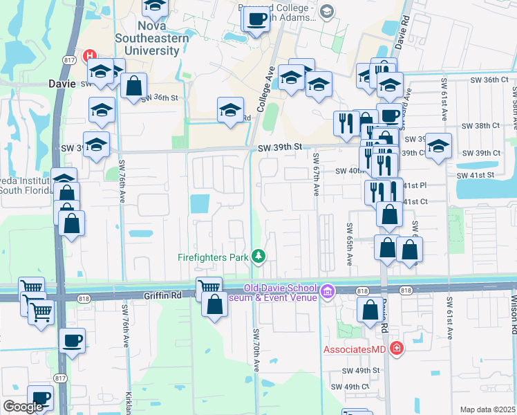 map of restaurants, bars, coffee shops, grocery stores, and more near 6976 Southwest 39th Street in Davie